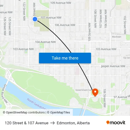 120 Street & 107 Avenue to Edmonton, Alberta map