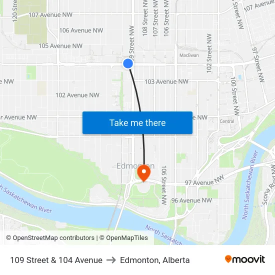109 Street & 104 Avenue to Edmonton, Alberta map