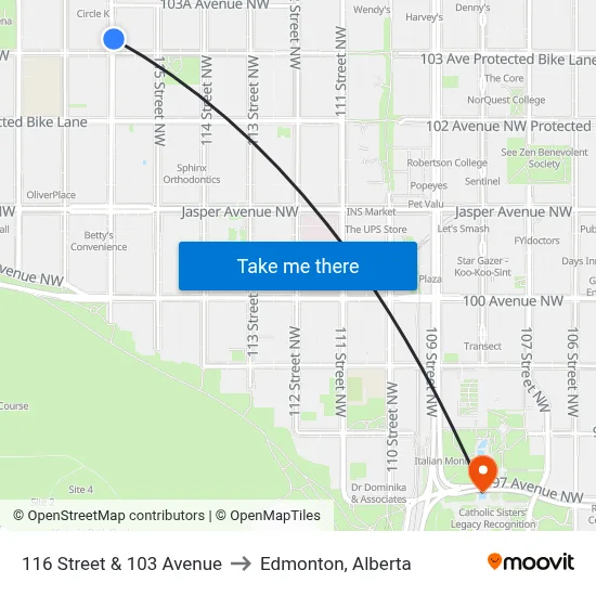 116 Street & 103 Avenue to Edmonton, Alberta map