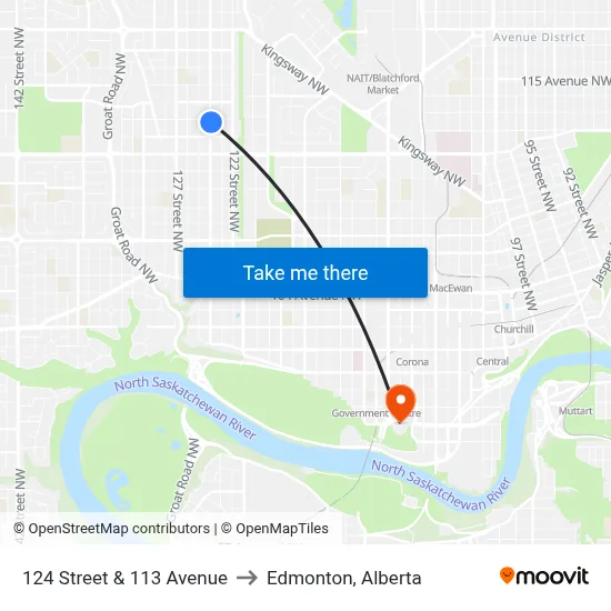 124 Street & 113 Avenue to Edmonton, Alberta map