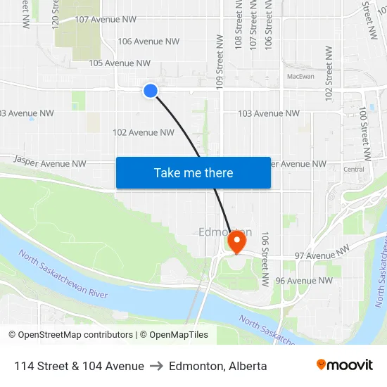 114 Street & 104 Avenue to Edmonton, Alberta map