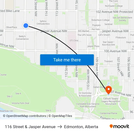 116 Street & Jasper Avenue to Edmonton, Alberta map