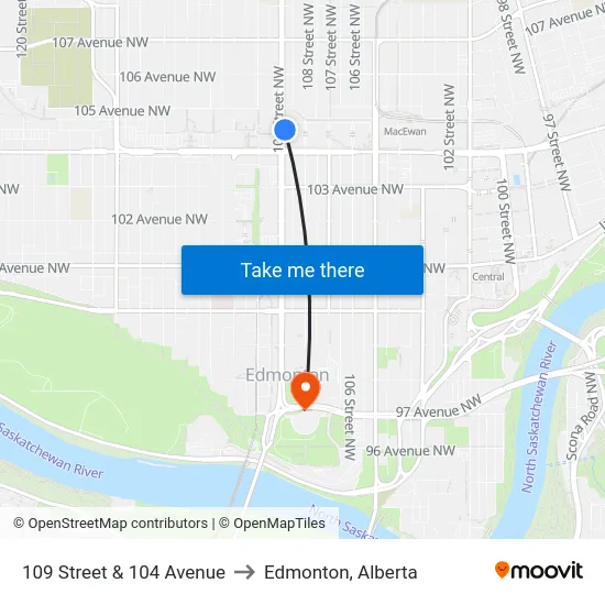 109 Street & 104 Avenue to Edmonton, Alberta map