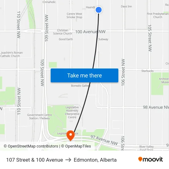 107 Street & 100 Avenue to Edmonton, Alberta map