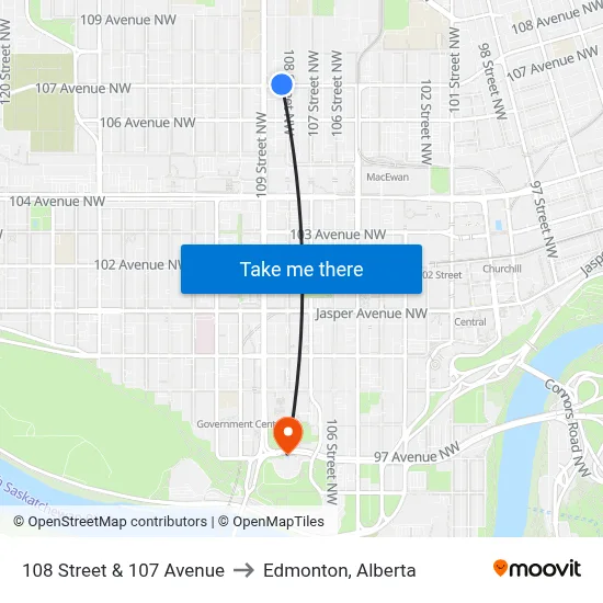 108 Street & 107 Avenue to Edmonton, Alberta map