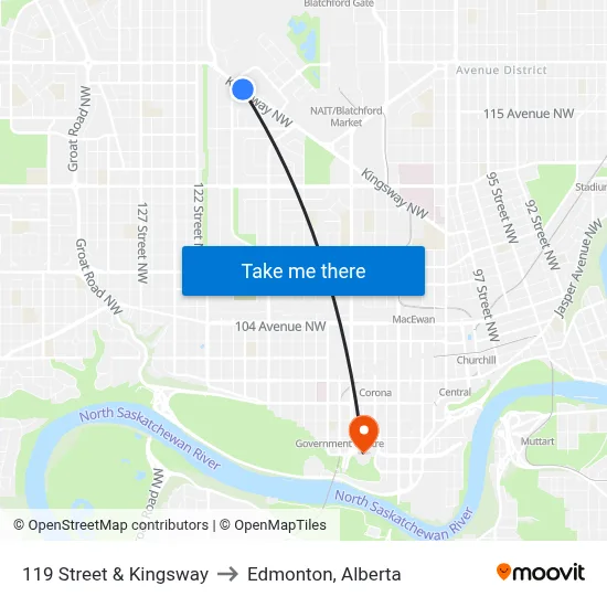 119 Street & Kingsway to Edmonton, Alberta map