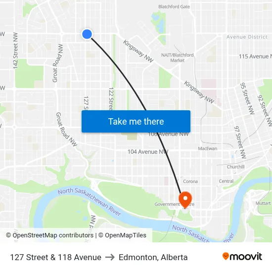 127 Street & 118 Avenue to Edmonton, Alberta map
