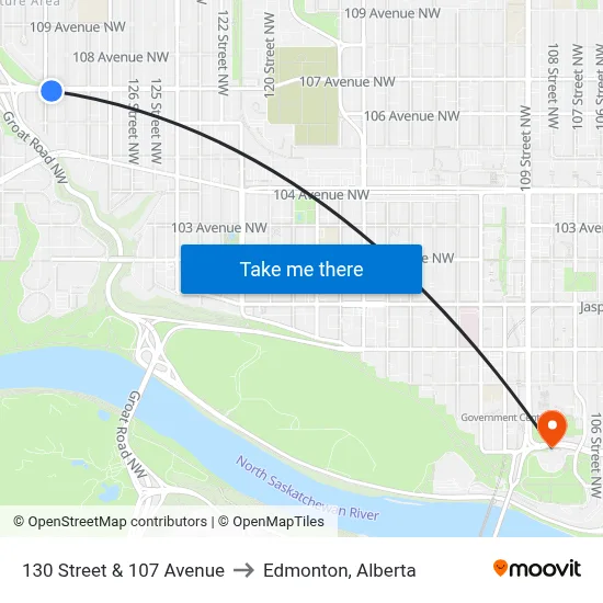 130 Street & 107 Avenue to Edmonton, Alberta map
