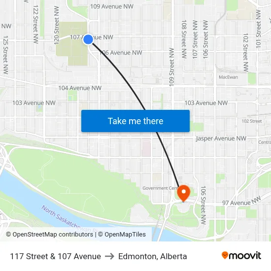 117 Street & 107 Avenue to Edmonton, Alberta map