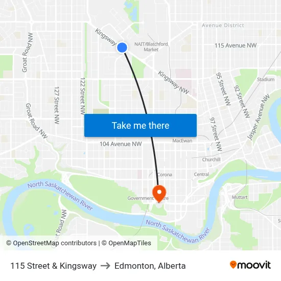 115 Street & Kingsway to Edmonton, Alberta map
