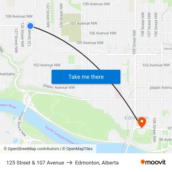 125 Street & 107 Avenue to Edmonton, Alberta map