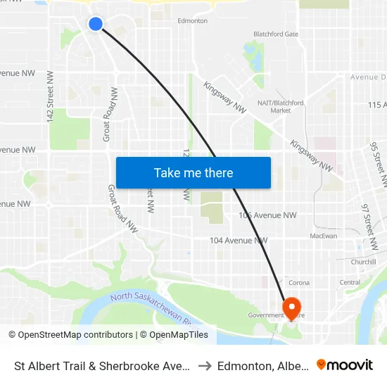 St Albert Trail & Sherbrooke Avenue to Edmonton, Alberta map