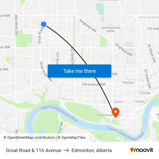 Groat Road & 116 Avenue to Edmonton, Alberta map