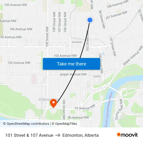 101 Street & 107 Avenue to Edmonton, Alberta map