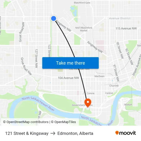 121 Street & Kingsway to Edmonton, Alberta map