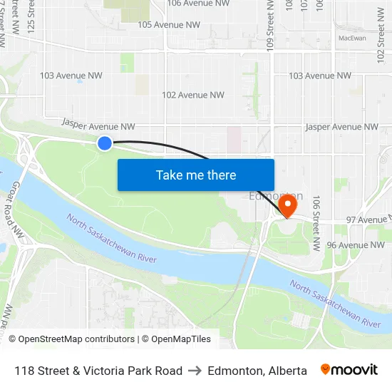 118 Street & Victoria Park Road to Edmonton, Alberta map