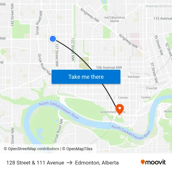 128 Street & 111 Avenue to Edmonton, Alberta map