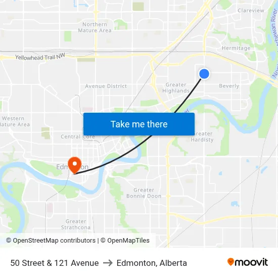 50 Street & 121 Avenue to Edmonton, Alberta map