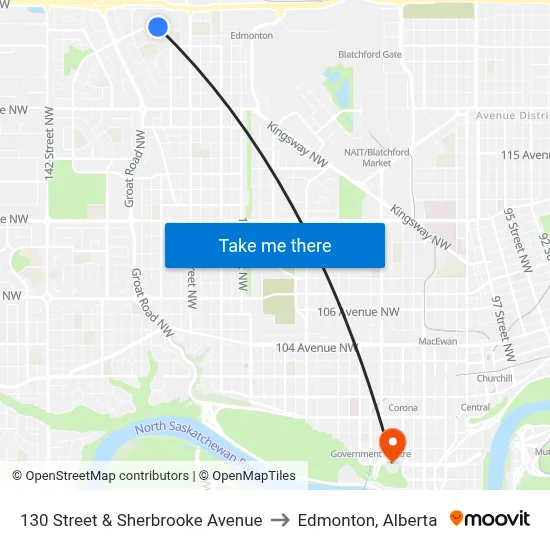 130 Street & Sherbrooke Avenue to Edmonton, Alberta map