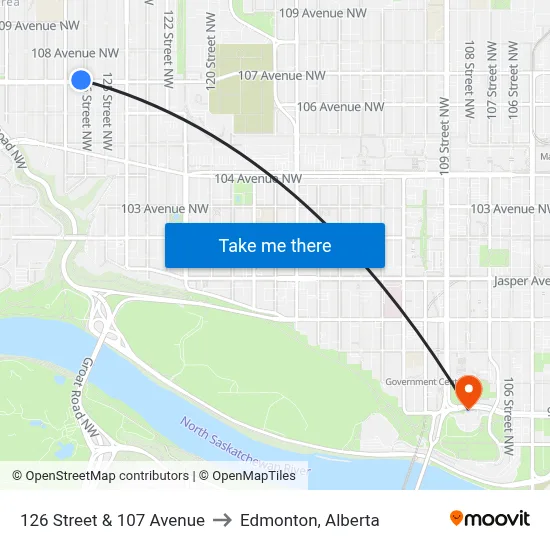 126 Street & 107 Avenue to Edmonton, Alberta map