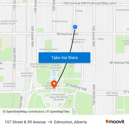 107 Street & 99 Avenue to Edmonton, Alberta map