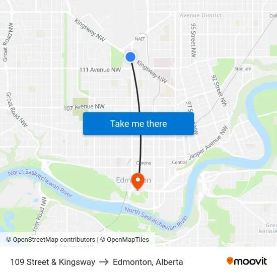 109 Street & Kingsway to Edmonton, Alberta map