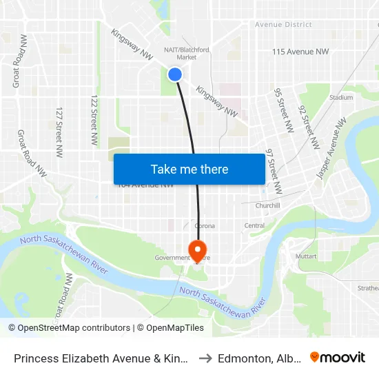Princess Elizabeth Avenue & Kingsway to Edmonton, Alberta map
