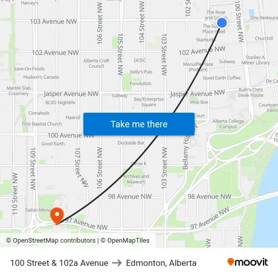 100 Street & 102a Avenue to Edmonton, Alberta map