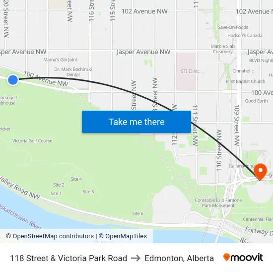 118 Street & Victoria Park Road to Edmonton, Alberta map