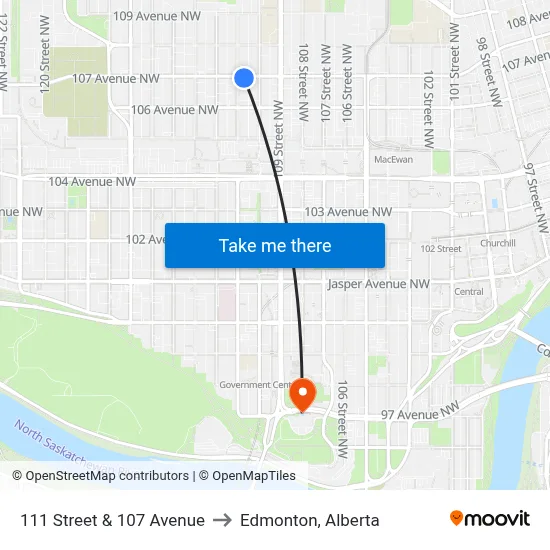 111 Street & 107 Avenue to Edmonton, Alberta map