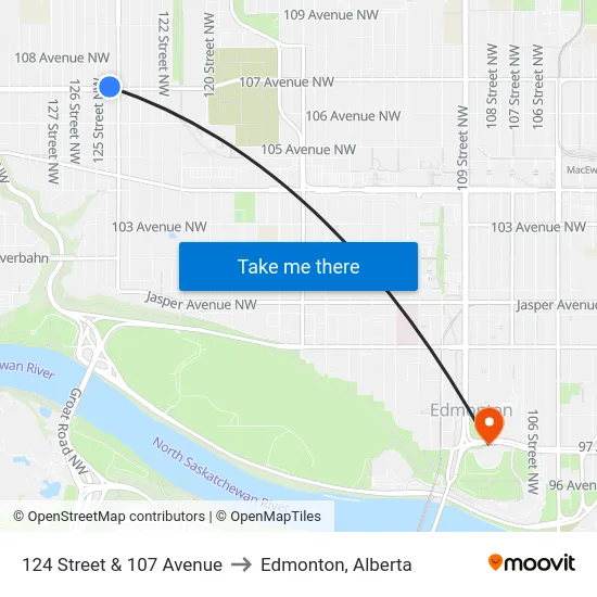 124 Street & 107 Avenue to Edmonton, Alberta map