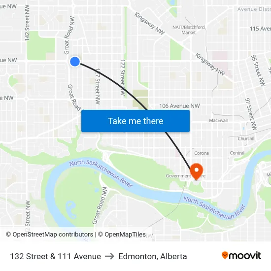 132 Street & 111 Avenue to Edmonton, Alberta map