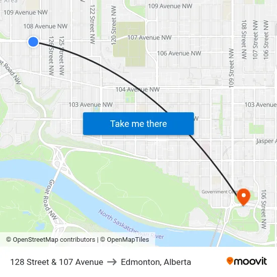 128 Street & 107 Avenue to Edmonton, Alberta map