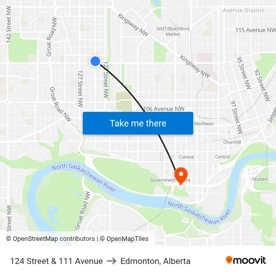 124 Street & 111 Avenue to Edmonton, Alberta map