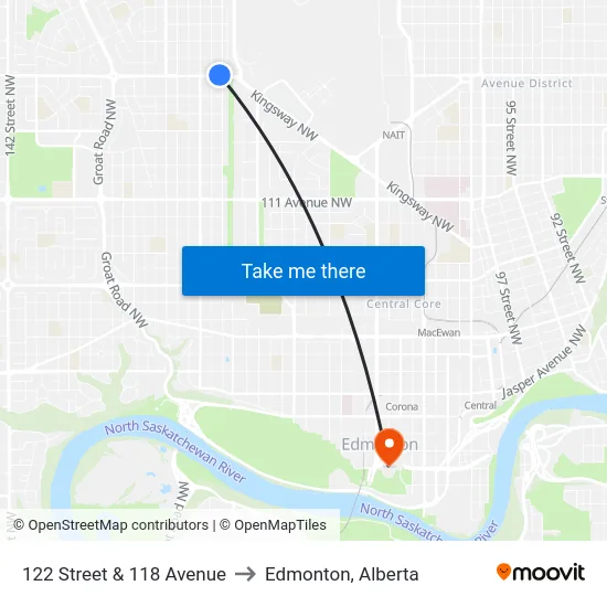122 Street & 118 Avenue to Edmonton, Alberta map