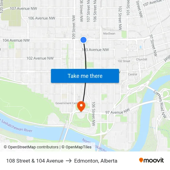 108 Street & 104 Avenue to Edmonton, Alberta map