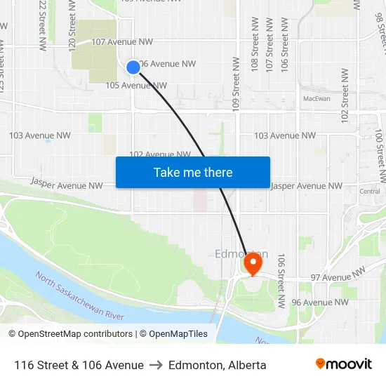 116 Street & 106 Avenue to Edmonton, Alberta map