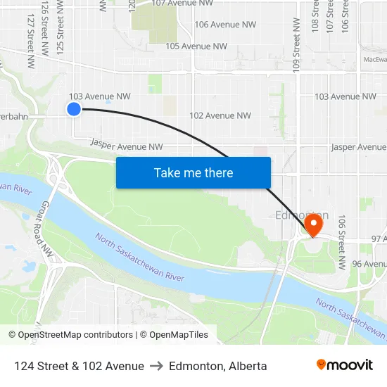 124 Street & 102 Avenue to Edmonton, Alberta map