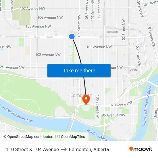 110 Street & 104 Avenue to Edmonton, Alberta map