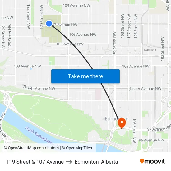 119 Street & 107 Avenue to Edmonton, Alberta map