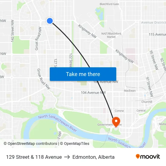 129 Street & 118 Avenue to Edmonton, Alberta map
