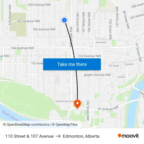 110 Street & 107 Avenue to Edmonton, Alberta map