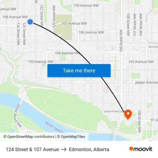 124 Street & 107 Avenue to Edmonton, Alberta map
