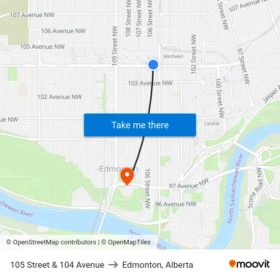 105 Street & 104 Avenue to Edmonton, Alberta map