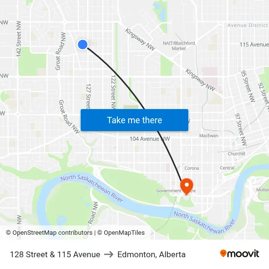 128 Street & 115 Avenue to Edmonton, Alberta map
