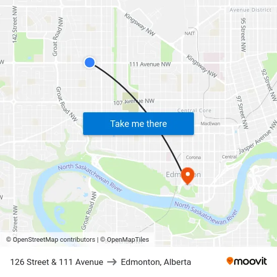 126 Street & 111 Avenue to Edmonton, Alberta map