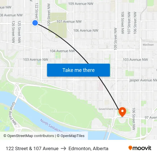 122 Street & 107 Avenue to Edmonton, Alberta map