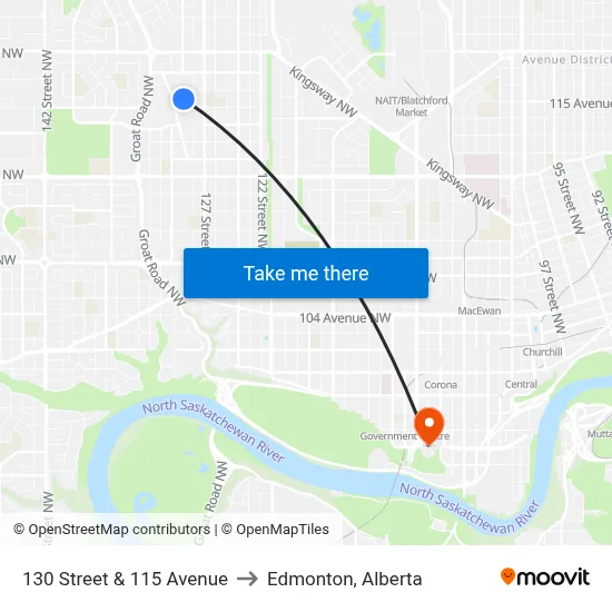 130 Street & 115 Avenue to Edmonton, Alberta map