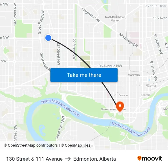 130 Street & 111 Avenue to Edmonton, Alberta map