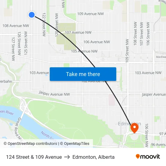124 Street & 109 Avenue to Edmonton, Alberta map